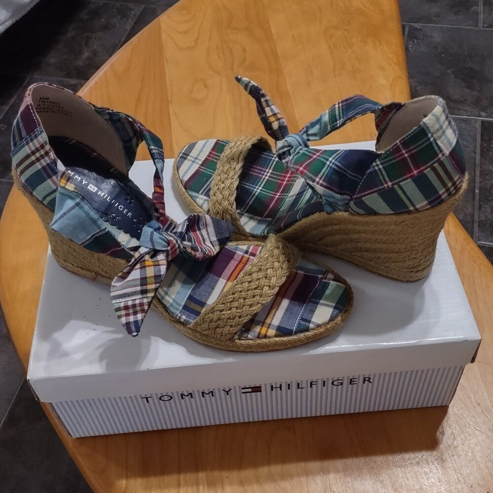 Tommy Hilfiger Espadrille Wedge, Madras plaid, sz 9.5 vintage